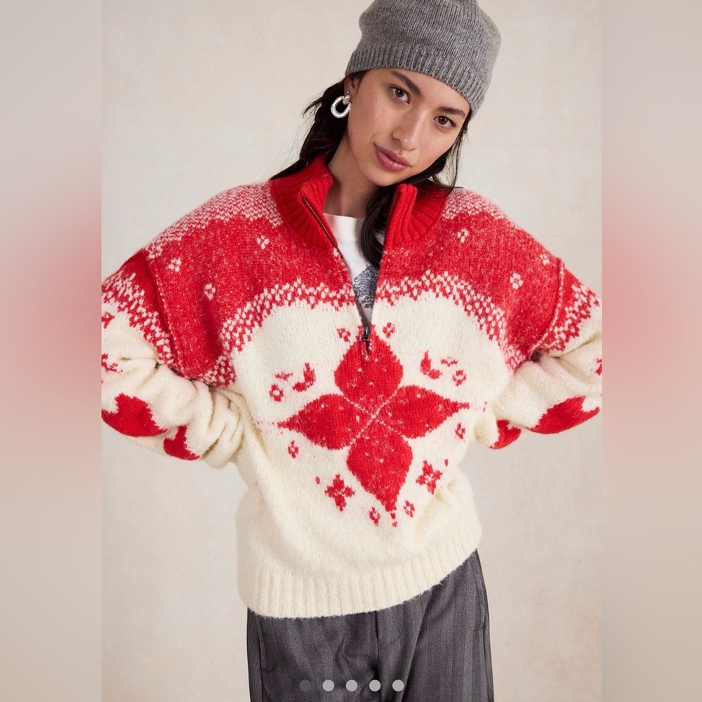 Free People Mythical Knit Sweater Printed Hearts Mix Rib Trim Zip Vanilla Red - Picture 1 of 7